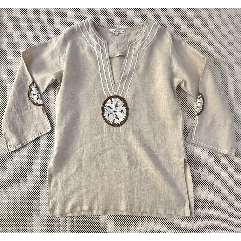 BARBARA GERWIT Linen Blouse Top S/M Tunic‎ Beaded Shirt Sand Dollar Ivory Beach - Picture 7 of 12